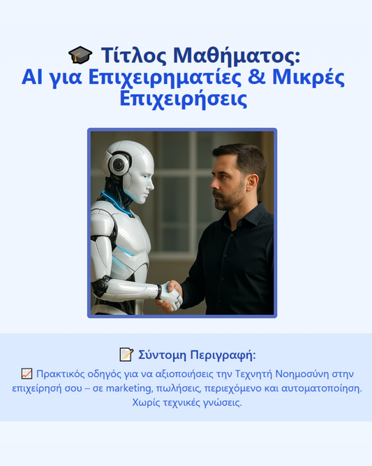 alt="Online μάθημα AI για επιχειρηματίες και μικρές επιχειρήσεις - Εφαρμογές τεχνητής νοημοσύνης στην επιχείρησή σας"